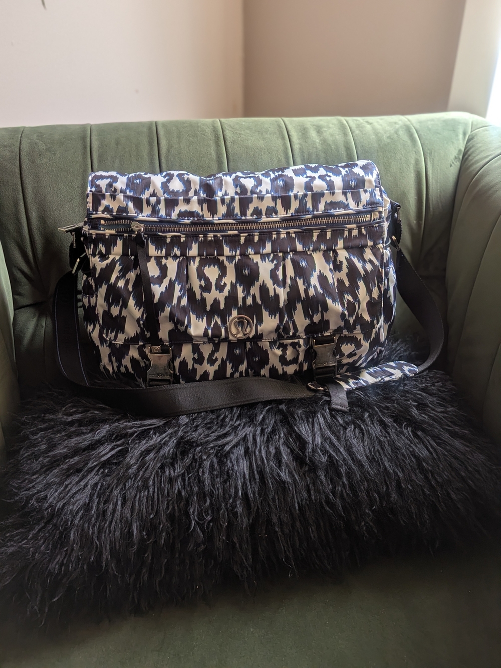 Lululemon Urban Yogini messenger bag features a blue and white ikat pattern